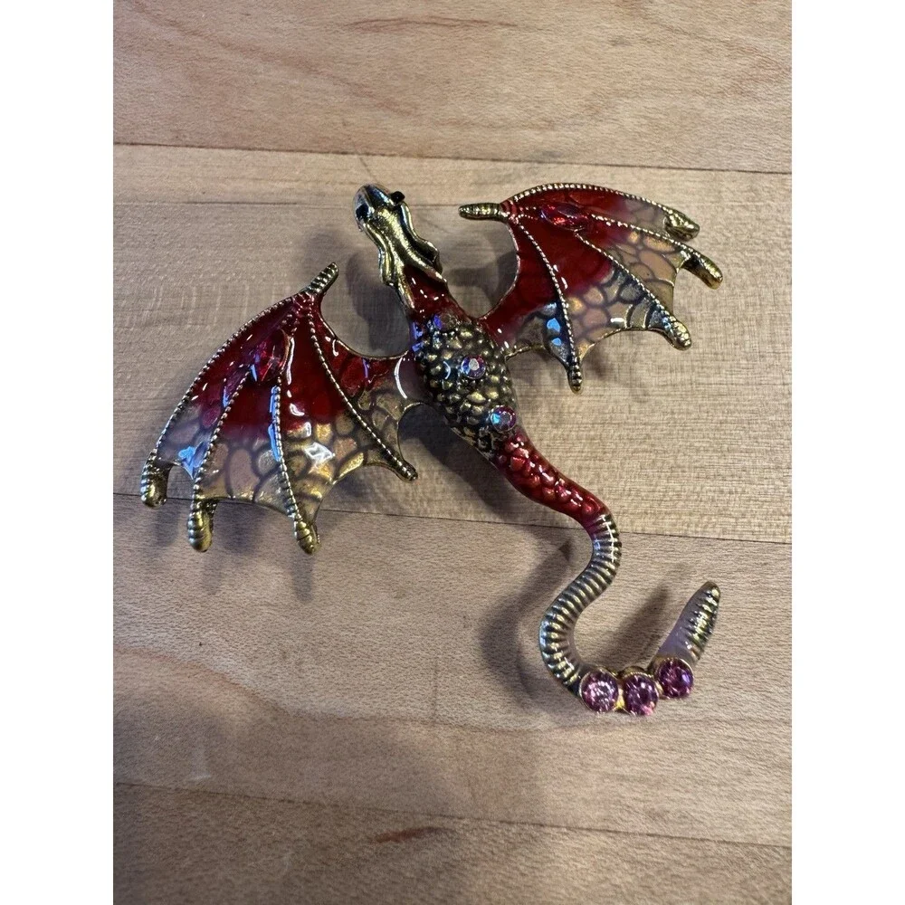 Gold Tone Flying Dragon Brooch Red Enamel Wings Rhinestone Fantasy Gothic Pin